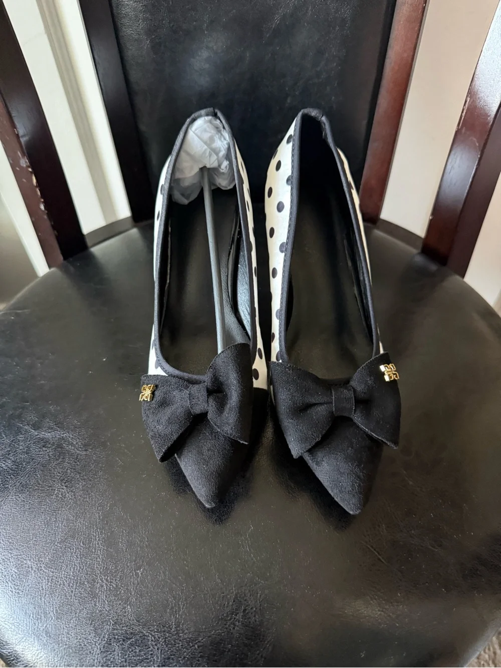 Black Polka Dot Pointed-Toe Heels with Bow Accent